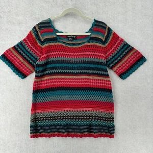 Carole Little Short Sleeve Sweater Womens 2X Rainbow Colorful‎ Granny Open Knit